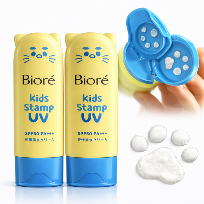 일본 정품 비오레 니쿠큐 키즈 선크림 고양이 발자국 스탬프 SPF50+, 2개, 70g
