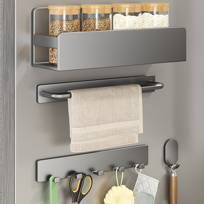 Zebeer 초강력 냉장고 자석 다용도 선반 +키친타올걸이+후크세트, 1세트, 그레이