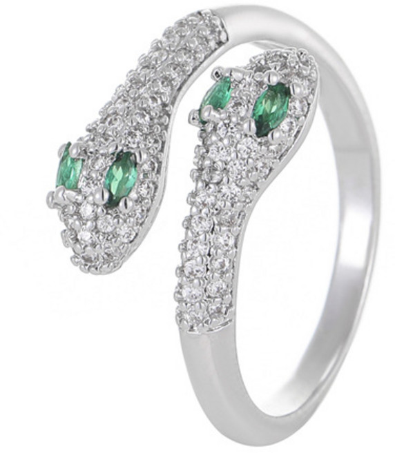 Zevora 실버 더블 헤드 스네이크 그린 지르콘 반지 마이크로 세팅 고급 광택 오래 착용 편안함 개성 있는 분위기 데일리 출근 데이트 선물 추천 고급 쇼핑백 패키징 한국 발송