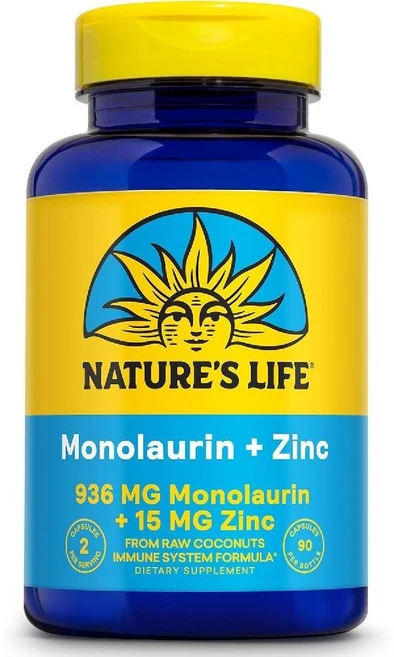 Nature s Life 모노라우린 플러스 아연 면역 지원 보충제 - 생 코코넛에서 추출한 936mg 15mg 45회 제공량 베지 캡슐 90정, 1개 - 쿠팡