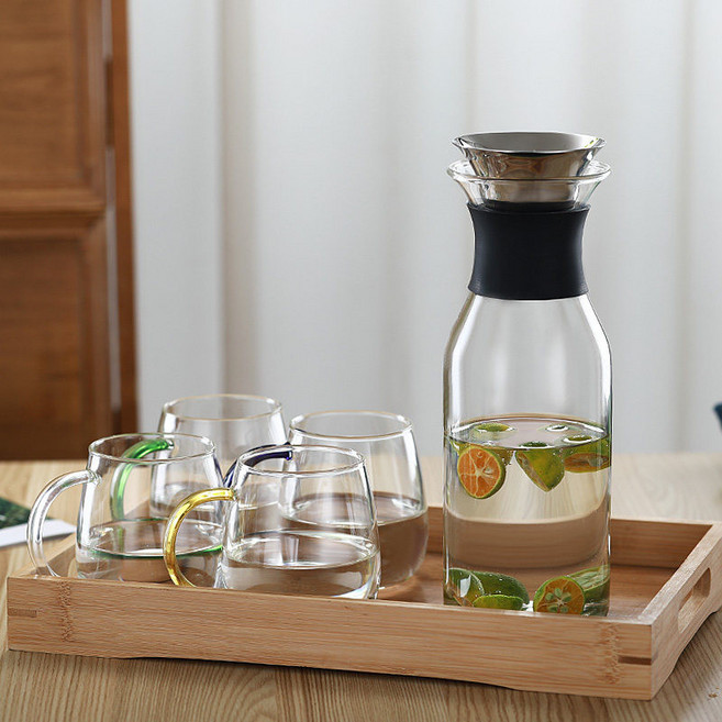 내열유리물병 1리터 내열성 강화유리 냉장고물병 유럽풍 덴마크산 투명 보온 가능, 1개, 1000ml, J_1000ml 직병+4색 컵+대나무 접시