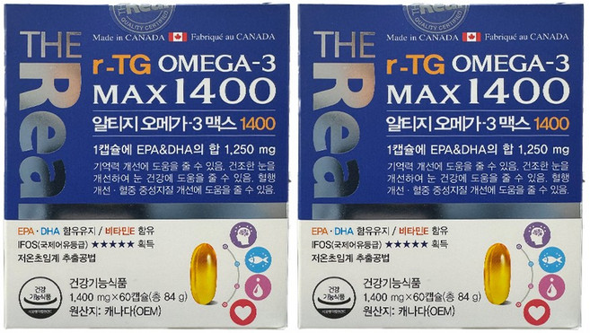 더리얼 알티지 오메가3 맥스1400, 60정, 2개
