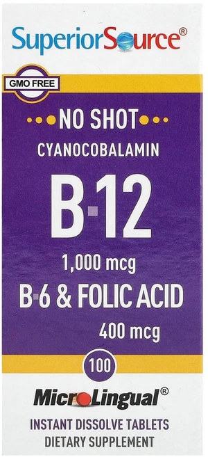 슈페리어소스 비타민 시아노코발라민 B-12 1000mcg B-6 & 엽산 400mcg 타블렛, 1개, 100정 - 쿠팡