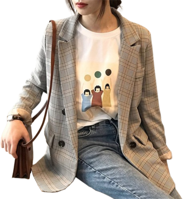 티티웍스 여자 클래식 싱글 정장 캐주얼 체크 무늬 자켓 아우터 마이 블레이저 상의 재킷