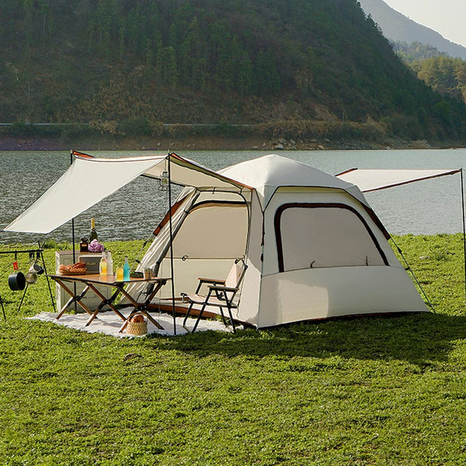 Surkat 원터치 텐트+그늘막 2in1 실버코팅 햇빛차단 캠핑용 그늘막텐트 확장형 햇빛 가리개 텐트 천막 포함, 4-6인용, 베이지