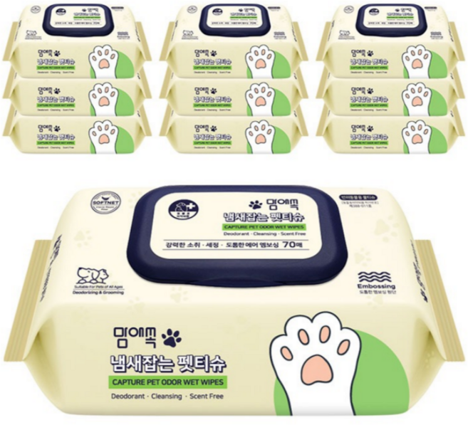 맘애쏙 도톰 탈취율 99.9% 냄새잡는 반려동물 물티슈 저자극 안심 강아지 고양이 펫티슈, 6개, 70개입