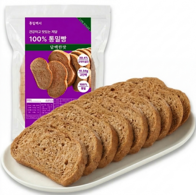 통밀백서 100% 저당 통밀빵 단백질 비건 백프로 통밀 식빵 곡물 프로틴 간식 식사 빵, 2개, 430g