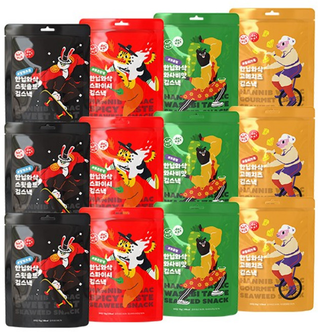 한닙두잇 한닙와삭 김스낵/김과자 4종 [스윗솔트/와사비맛 스파이시/고메치즈], 70g, 3세트