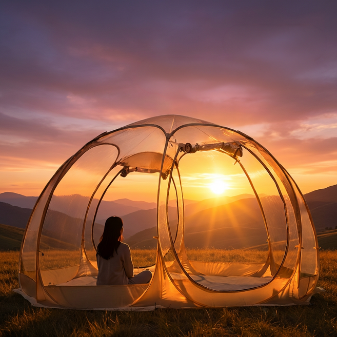 원터치 투명 돔텐트 감성 캠핑 쉘터 방풍 방수 PVC 간편설치, 6-8인용, 베이지