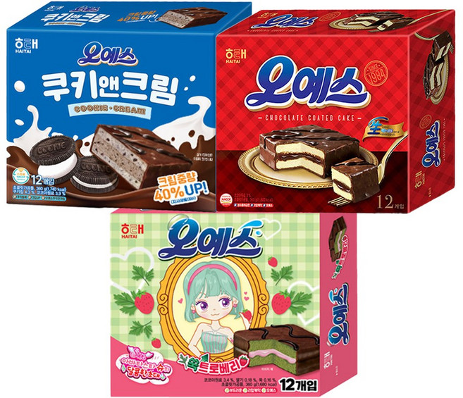 해태 오예스 3종 혼합(오리지널 쿠키앤크림 쑥스트로베리), 1세트, 360g