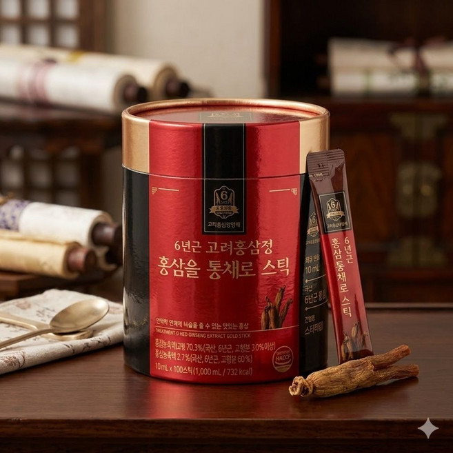 홀라이프 6년근 고려홍삼정 홍삼을 통채로 스틱 온가족 활력 루틴, 100개, 10ml