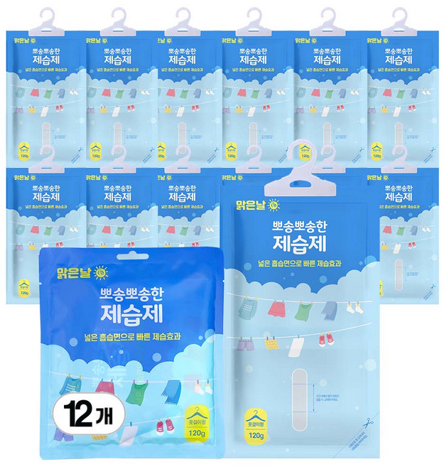 맑은날뽀송뽀송제습제 옷장 옷걸이 습기제거제, 120g, 12개