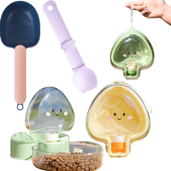 프라홈 반려동물 휴대용 폴딩 급수기 밥그릇 간식 스푼, 1개, 옐로우