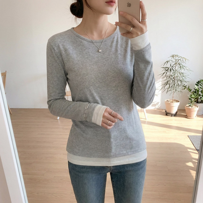 데일리앤 로니아 레이어드 여성 스판 레이온 기본 긴팔 티셔츠 국내제작