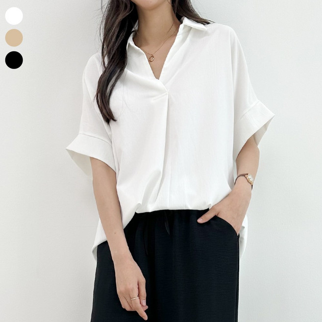 블레스유 여성용 루즈핏 롱 블라우스 브이넥 카라 심플 무지 기본 빅사이즈 데일리 오버핏 캐주얼 반팔 셔츠