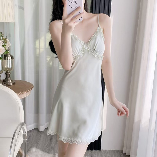 DFMEI 睡衣女春夏季冰絲睡裙新品蕾絲花邊吊帶睡袍薄款仿真絲家居服