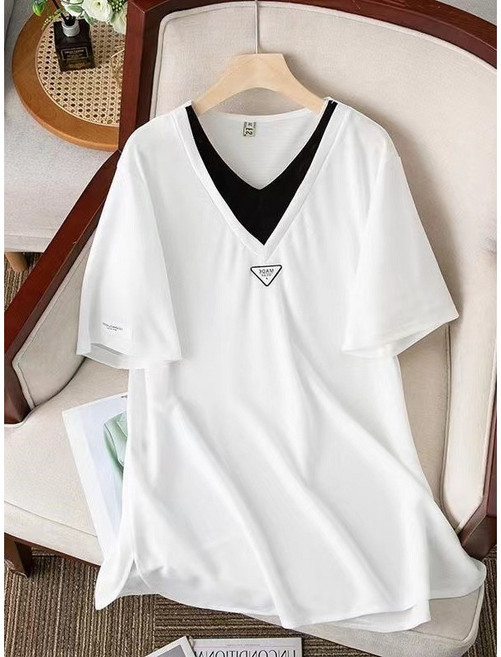 FINE ART 1+1 여성 레이어드 반팔 티셔츠 원피스 빅사이즈 롱티 오버핏 브이넥 롱 반팔티 데일리