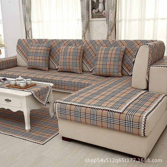 棉麻格子沙發墊 四季通用防滑坐墊 沙發罩巾