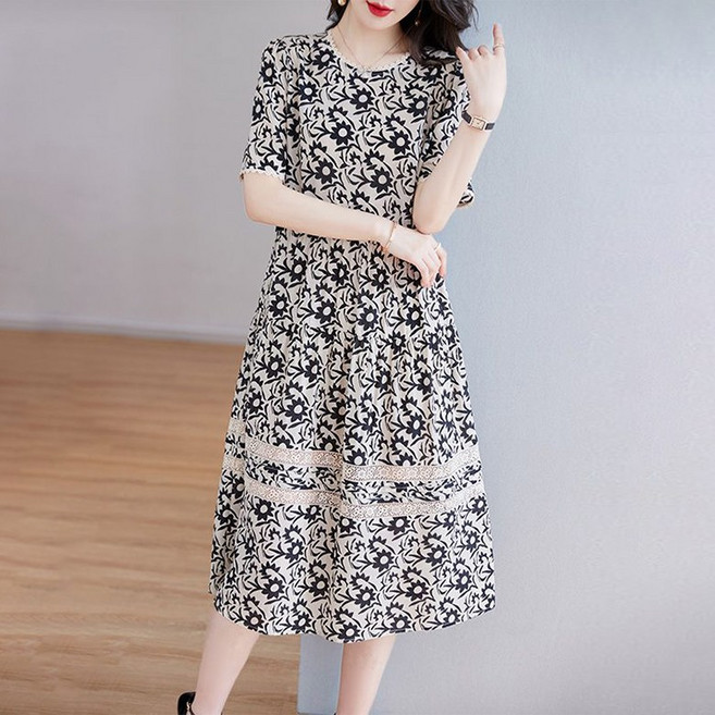 ORZQU 중년여성 여름 플라워 프린트 빈티지 롱 스커트 미디 반팔 레이스 펀칭 원피스