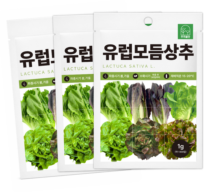 [주주씨앗] 유럽상추씨앗 1000립 유럽 모듬 상추씨 로메인 버터헤드 생채 6종 혼합 쌈 채소씨앗 종자, 3개