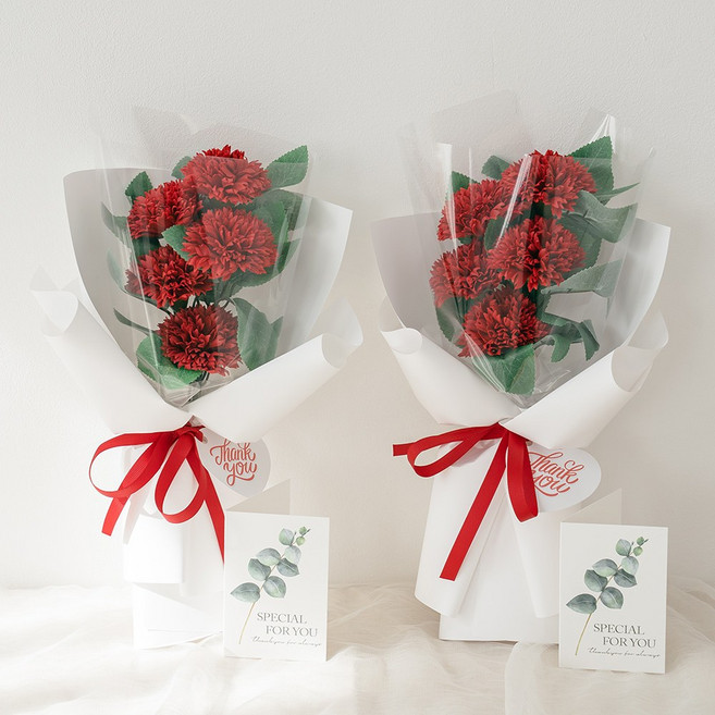 라솔트 비누꽃 스윗 카네이션 꽃다발 2p + 쇼핑백 2p + 메세지카드 2p 세트, 레드 + 레드, 2개