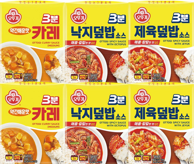 오뚜기 3분 카레 약간매운맛+낙지덮밥소스+제육덮밥소스, 150g, 6개