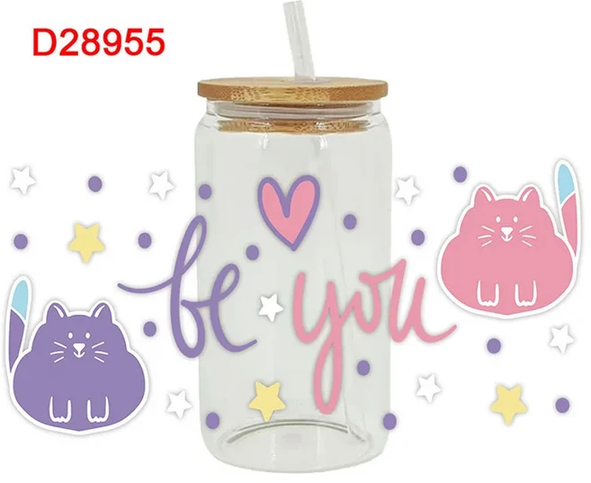 귀여운 고양이 Uv Dtf 컵 랩 다리미 전송 스티커 유리 장식 16oz D27011, 16 oz 23CMX 11CM, D28955