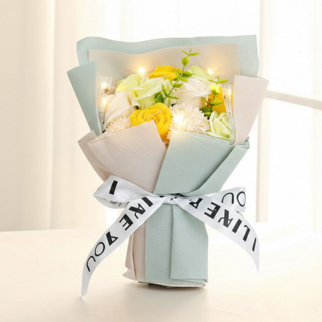 장미 꽃다발 조화 비누꽃다발 LED전구 쇼핑백 편지 세트, 1개, 그린