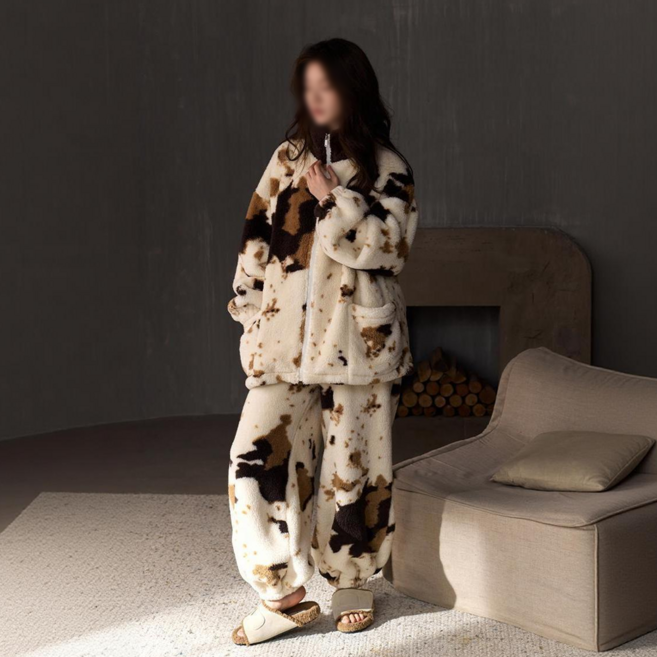 Jeernare 여성 수면잠옷 따뜻한 여성 겨울잠옷 두툼한 극세사 잠옷 상하세트 집업형