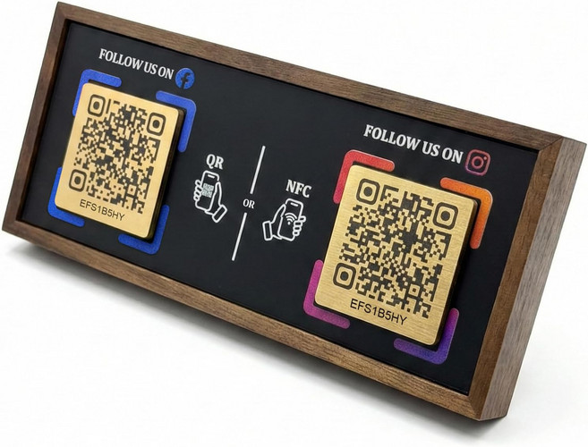 페이스북과 인스타그램을 위한 NFC 및 QR 코드 듀얼 소셜 미디어 호두 스탠드 월정액 수수료 없음 설정 또는 사용에 필요한 앱 일회성 구매 비즈니스 평생 프로모션 데스크톱 장식, 1세트, W-GG+OW