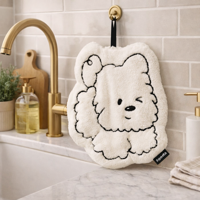 이지몰 윙크 강아지 핸드타올 자수 욕실 주방 걸이 손타월, 플러핑화이트, 1개