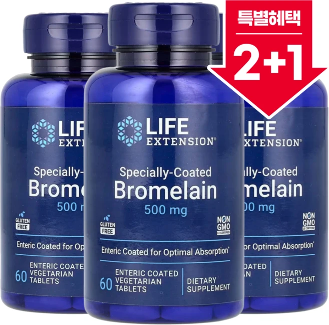 2+1 라이프익스텐션 특수 코팅된 브로멜라인 식물성 정제 60정 / 해외직구 미국정품, 3개 - 쿠팡