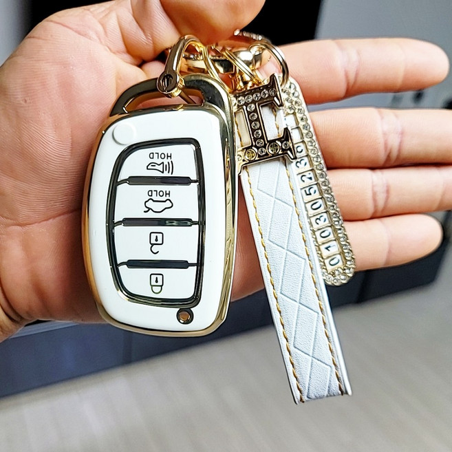 포스워백 현대 4버튼 캐스퍼 아반떼 AD MD 아이오닉 LF쏘나타 뉴투싼ix 올뉴투싼 뉴라이즈 신형i40 호환 스마트키 TPU 키케이스 키링 키홀더, 화이트