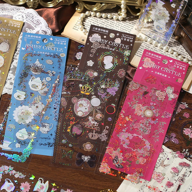 감성 빈티지 진주목걸이 소품 플라워 칼선 스티커 다꾸 4종, 2.장미브로치 (ST-5343)