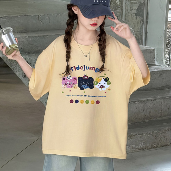 베비포 주니어 루즈핏 고양이 그래픽 반팔티 JD5