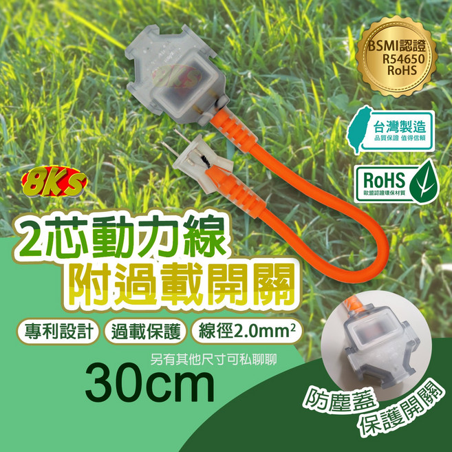 【台灣製造】新安規2P動力線 專利防塵設計 過載自動斷電 適用大功率電器, 2芯-1尺(30cm)-附過載開關, 1個, 30cm