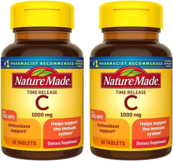 Nature Made 비타민 C 1000mg 타임 릴리즈 태블릿 로즈힙 함유 면역 체계 지원 60정 2개 - 쿠팡