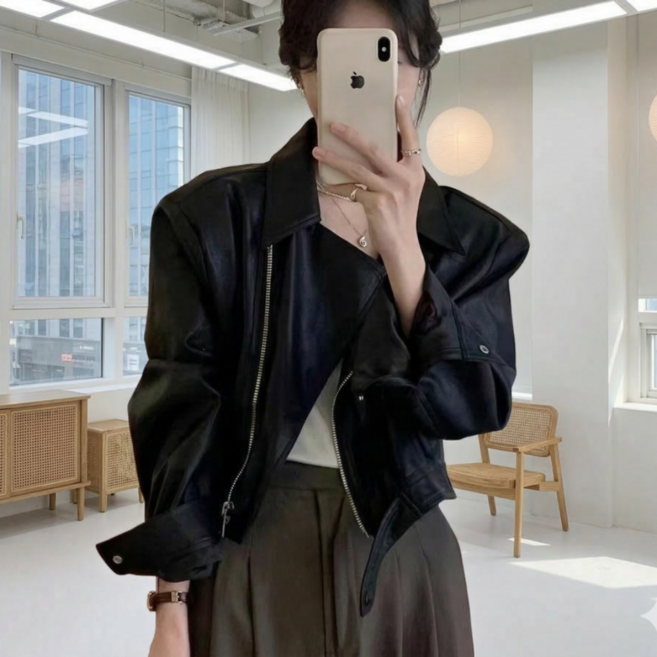 패피샵 여성용 간절기 크롭 레더 라이더 자켓