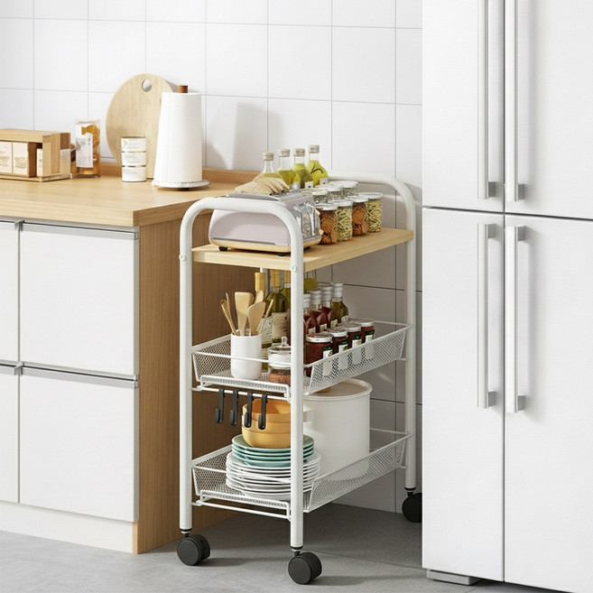 라온프리 다용도 이동식 틈새수납장, 3단, 우드