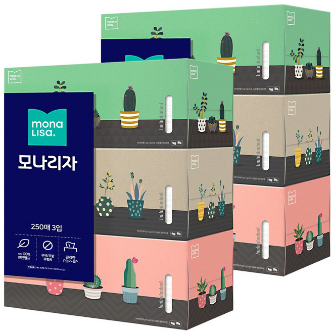 모나리자 미용티슈 250매 3입 각티슈, 6개, 3개입