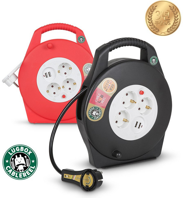 러그 케이블 릴선 USB 2포트 3구, 10m, 블랙, 1개