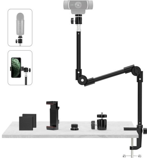 전화 홀더와 5/8인치 나사가 장착된 웹캠 스탠드 카메라 데스크 마운트 - 로지텍 C922 C930e C920 C615 C960 브리오 4K 고프로 블루 예티 스노우볼 아이, 전화 홀더와 5/8인치 나사가 장착된 웹캠 스탠드 카메