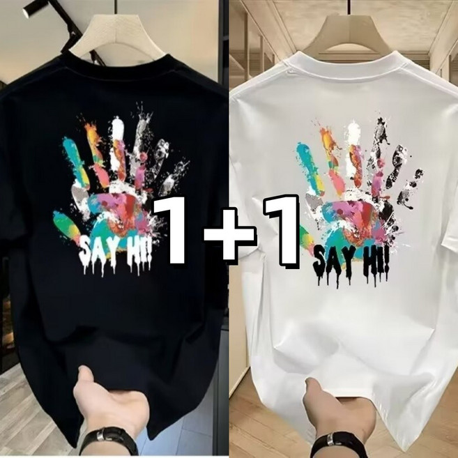 1+1 남자 반팔티 프린팅 빅사이즈 라운드넥 오버핏 반팔 데일리 캐주얼 면티 여름 반팔티셔츠 6그래픽 남자 상의 프린팅 2P