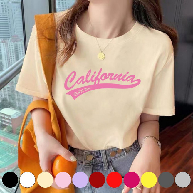 그리내 여성 라운드넥 여름 프린팅 반팔티 커플티 이너 홈웨어 레터링 면 티셔츠