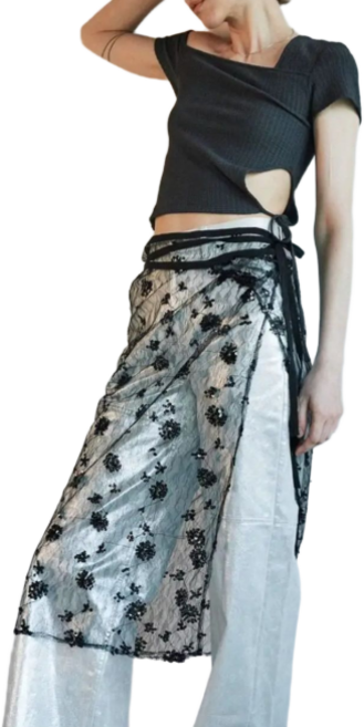 사루키핏 플라워 스팽글 라인댄스 줌바댄스 랩스커트, 블랙F(~77)