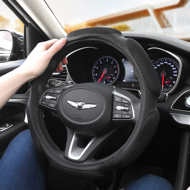 시원한 여름 엠보메쉬 자동차 핸들커버 전차종공용, 블랙