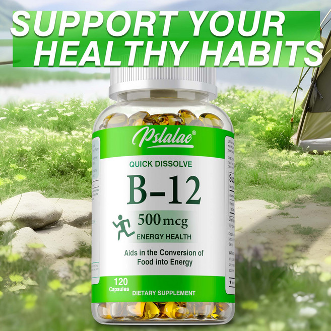유기농 스피룰리나가 함유된 비타민 B12 캡슐 500mcg 메틸 B12는 건강한 기분 에너지 심장 및 눈 건강을 지원합니다., 1개, 120정