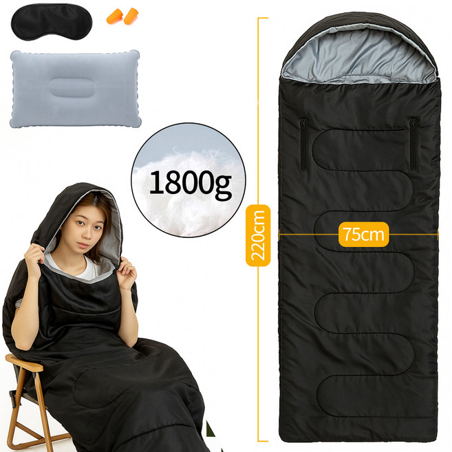 씽크라이프 손을 뻗을 수 있는 침낭 초경량 캠핑 차박 백패킹 1인용 침낭 사계절용 압축팩포함, 블랙, 1개