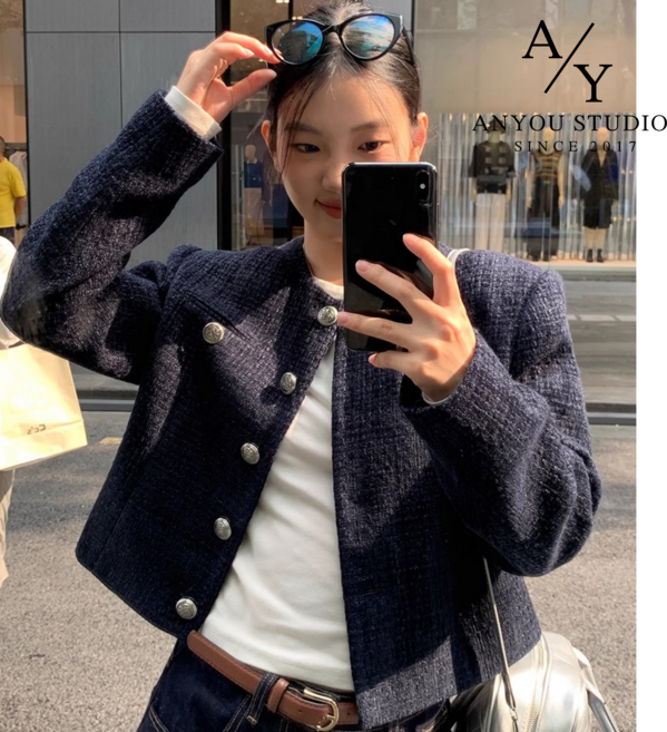ANYOU 여성용 베이직 실버 버튼 트위드자켓 라운드넥 쇼트톱 캐주얼 데일리 노카라 자켓 봄가을 고급 소향풍 반코트 상의