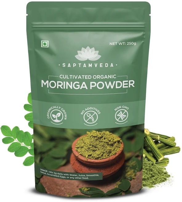 SAPTAMVEDA 100% 유기농 모링가 파우더 250g | 면역력 강화 | 드럼스틱 잎 파우더 | 천연 멀티비타민 | 항산화제 | 모발 및 피부 건강 | 단백질 풍부, 1개입, 1개 - 쿠팡